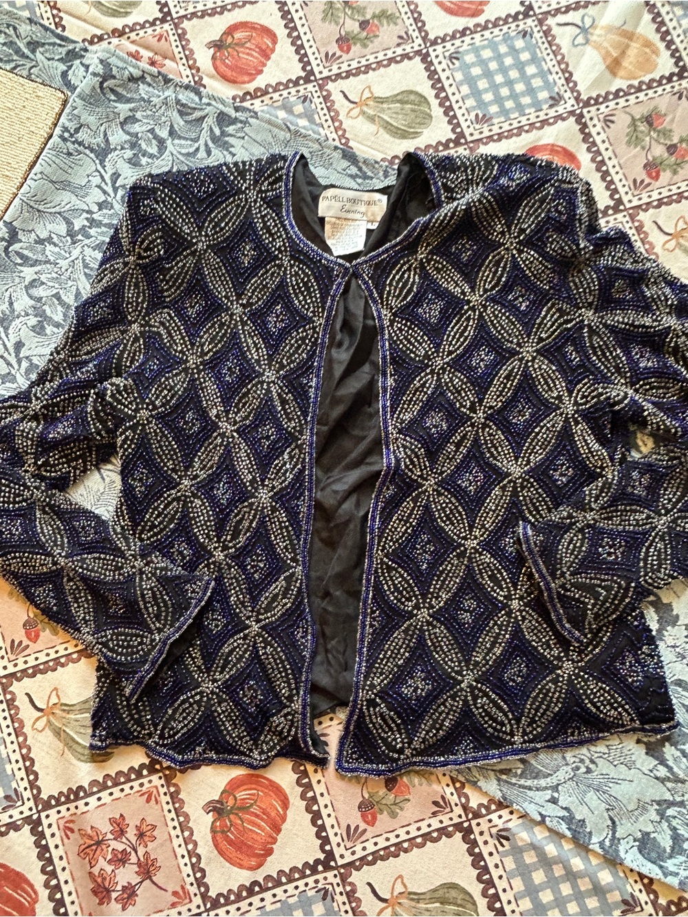 Papell Boutique 100% Silk navy blue beaded jacket with silver geometric pattern,